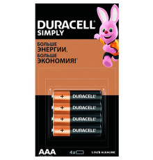 Батарейка Duracell Simply AAA (LR03) алкалиновая, 4 шт/упак