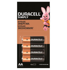 Батарейка Duracell Simply AA (LR6) алкалиновая, 4 шт/упак