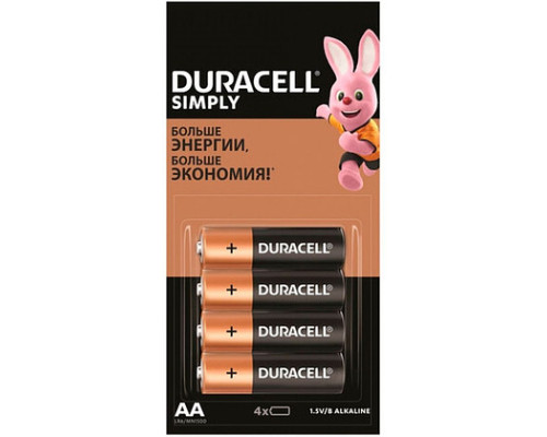 Батарейка Duracell Simply AA (LR6) алкалиновая, 4 шт/упак