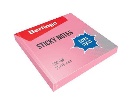 Бумага для заметок с липким краем Berlingo "Ultra Sticky", 75*75мм, 100л., розовый