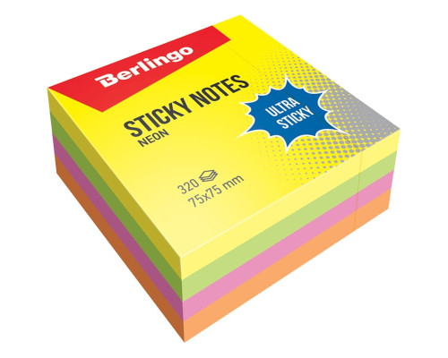 Бумага для заметок с липким краем Berlingo "Ultra Sticky", 75*75мм, 320л., 4 неоновых цвета