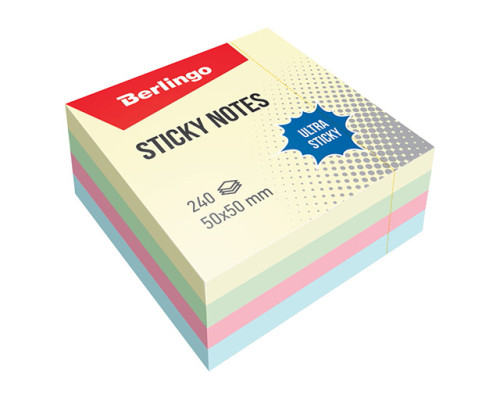Бумага для заметок с липким краем Berlingo "Ultra Sticky", 50*50мм, 240л., 4 пастельных цвета