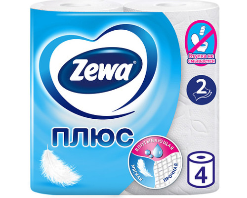 Бумага туалетная Zewa Plus 2-слойная, 4шт., тиснение, белая