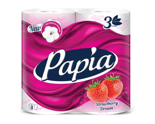 Бумага туалетная Papia "Strawberry Dream", 3-слойная, 4шт., ароматизир., розов. тиснение, белый