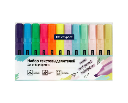 Набор текстовыделителей OfficeSpace 12 цветов, 6цв пастельные, 6цв неоновые, 1-4мм