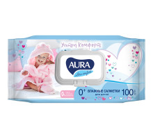 Салфетки влажные Aura "Ultra comfort", 100шт., детские, с алоэ, очищающие, без спирта, клапан																				