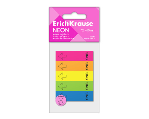 Закладки пластиковые ErichKrause Neon, 12х45 мм, 125 листов, 5 цветов